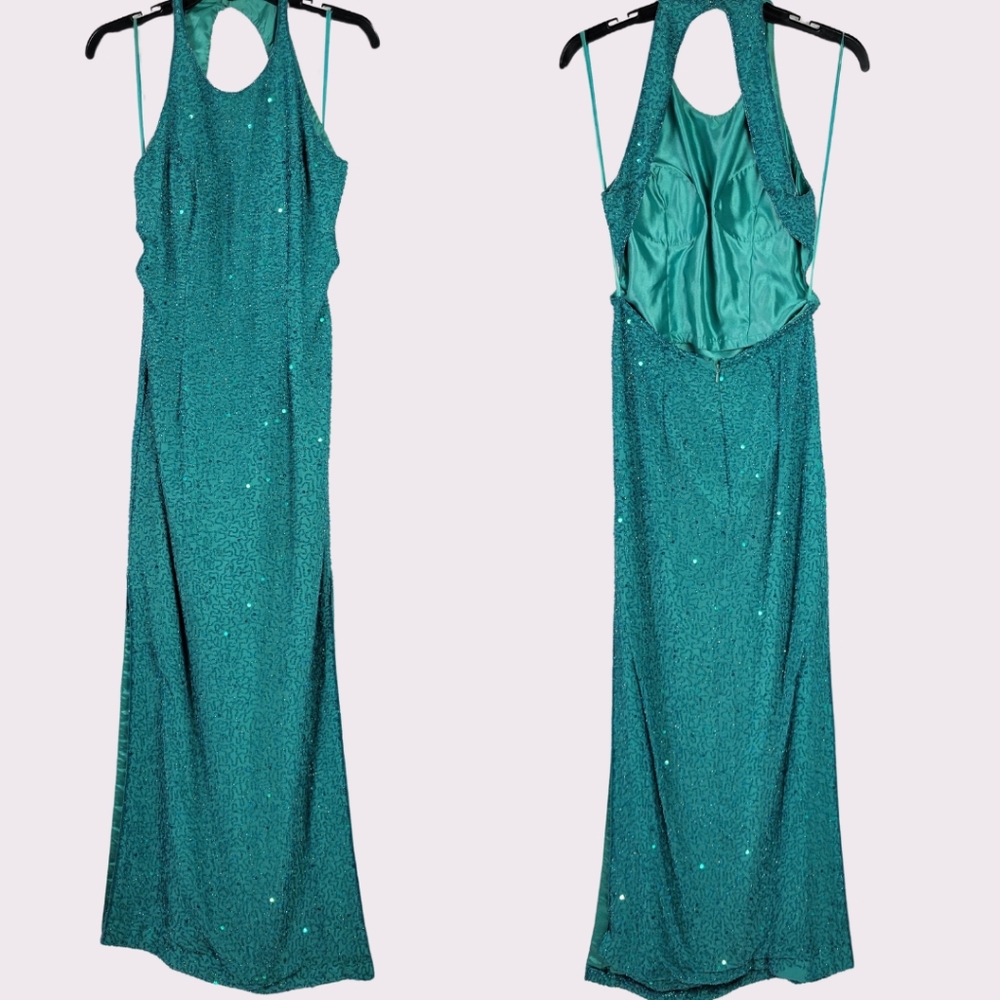 Turquoise Sequin Open Back Prom Dress
